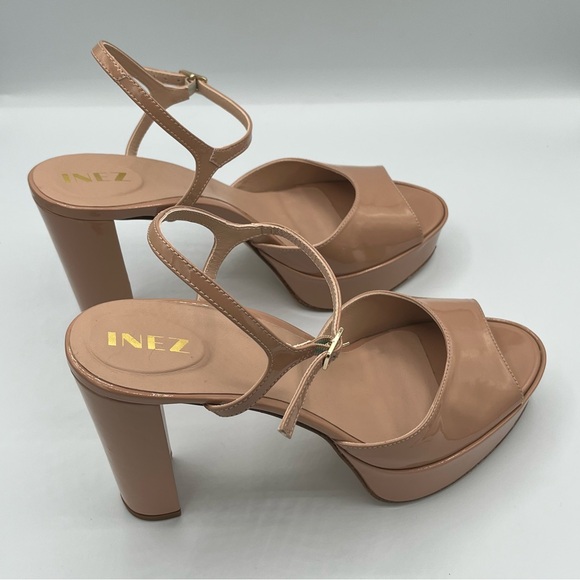 Inez Camilla Platform Heels in Tan Patent | Nude Leather Peep Toe Slingback Heel - Picture 5 of 11